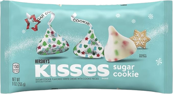 Hershey's Kisses Limited Edition Christmas Candy, Sugar Cookie Flavored White Crème Candy in Festive Holiday Foil, One 9 Oz (255 g) Bag