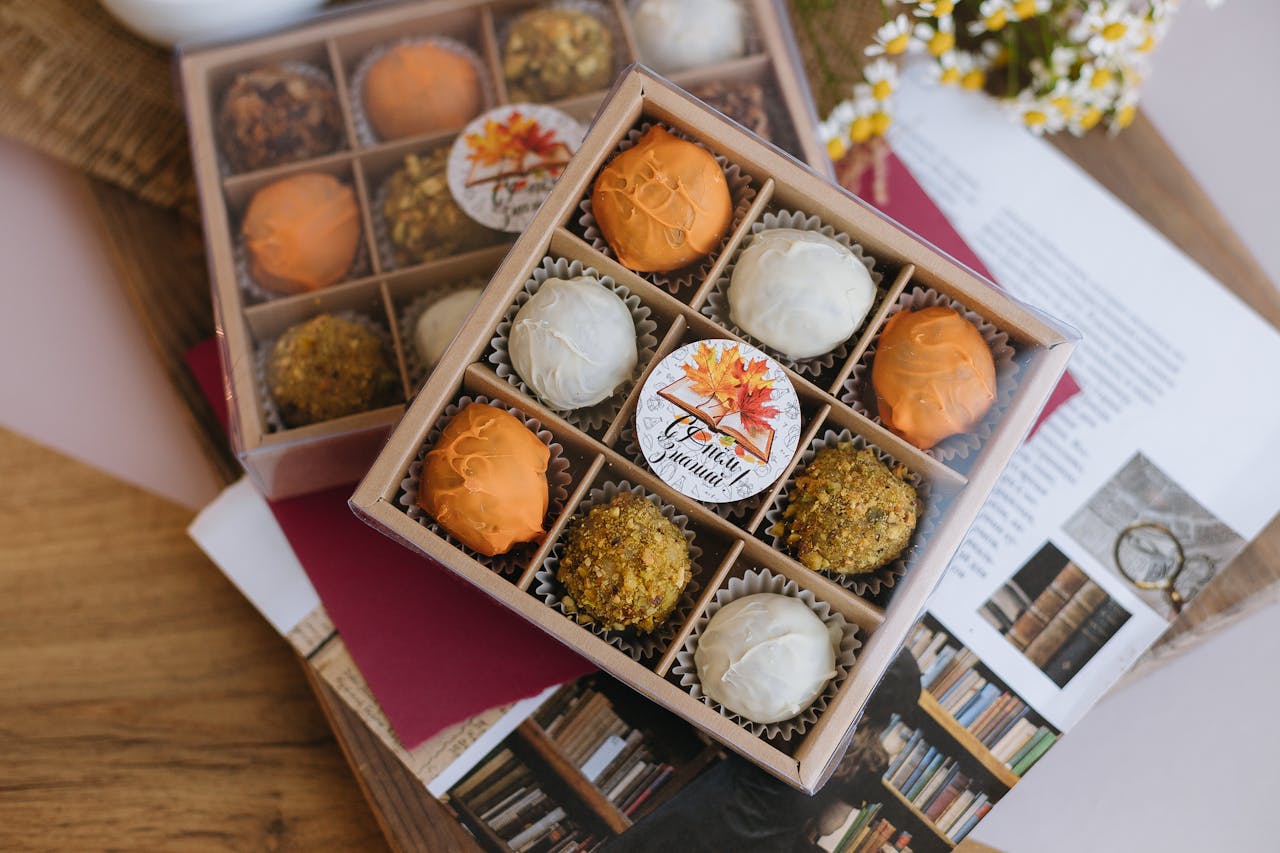 Luxurious gourmet truffles in a box, perfect for fall gifting and celebrations.